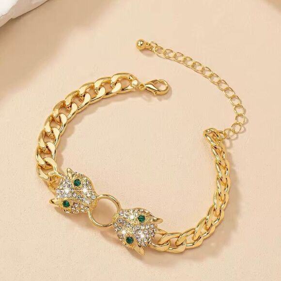 White Diamond Simulated Green Emerald Glass Leopard Head Link Gold Bracelet New - Picture 1 of 4